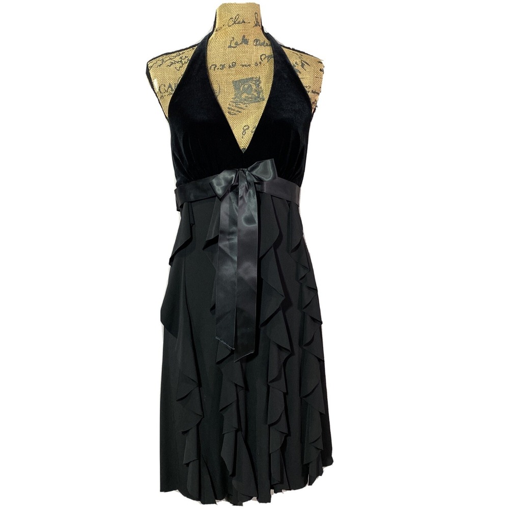 Betsy Adam Dress 10 Linda Bernell Black Velvet Jersey Tier Halter Ribbon Bow LN